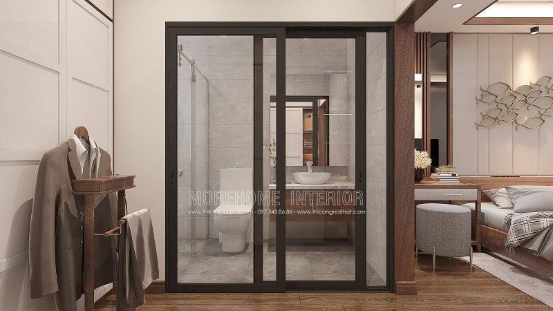 Mẫu thiết kế nội thất phòng ngủ hiện đại khép kín này sử dụng tone màu trầm ấn tượng và nội thất gỗ óc chó làm lựa chọn tuyệt vời cho không gian nhà phố, biệt thự.