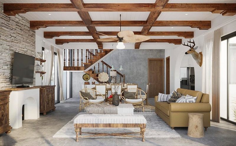 Thiết kế nội thất phòng khách của biệt thự chùa thày phong cách địa trung hải đẳng cấp.