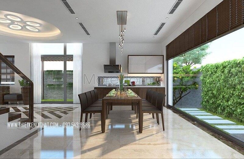 Thiết kế nội thất biệt thự đẹp với bộ bàn ăn gỗ tự nhiên mang đến không gian phòng ăn lí tưởng độc đáo